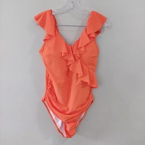 Blooming Jelly One Piece Swimsuit XL Bright Orange Flutter Detail Rouched Sides
